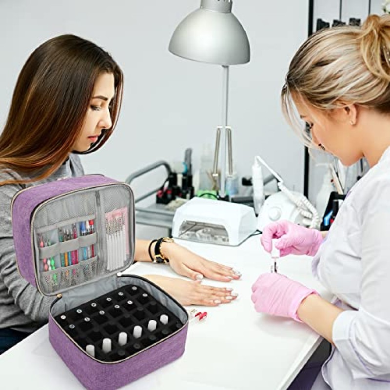 매니큐어 정리함 휴대용 케이스, 더블 레이어 매니큐어 보관 정리함 가방, 30병 수용 젤 매니큐어 및 1개의 LED 네일 램프, 네일 아트 도구 및 매니큐어 액세서리용 여행용 메이크업 가방