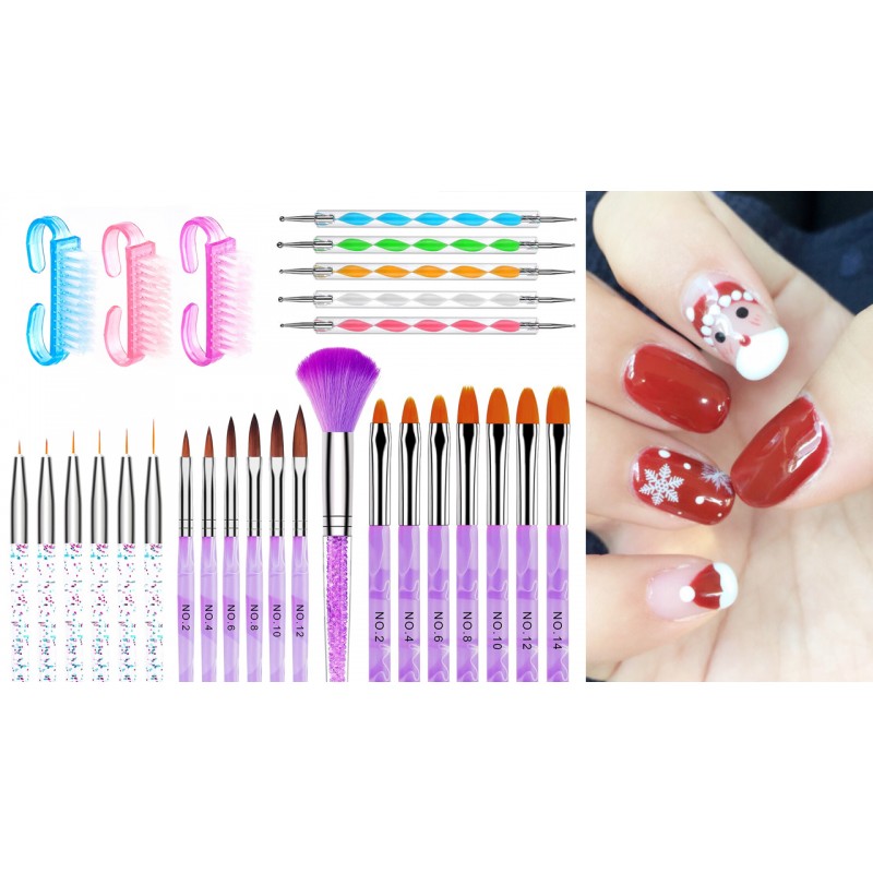 AROIC 28 Pcs 아크릴 네일 브러쉬 세트 7 Pcs UV 젤 네일 아트 브러쉬, 6 Pcs 3D 네일 연장 브러쉬, 5 Pcs 더블 엔드 도트 네일 펜 네일 아트 DIY 용 흰색 상자 포함, 다채로운