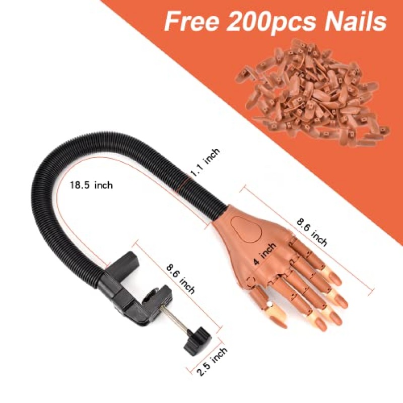 아크릴 네일 연습용 손, INFILILA 네일 연습용 손, 네일 트레이닝 핸드, 네일 팁 200개 포함 유연한 네일 연습용 핸드 키트, 초보자용 네일 파일 및 클리퍼