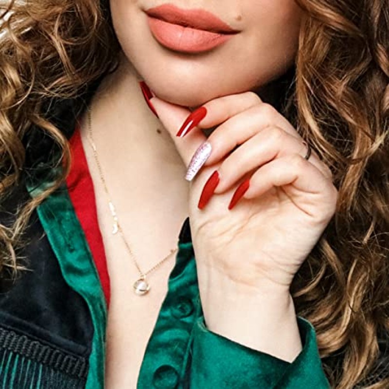 Allkem Daring Red Press on Nails | 글로시 미디엄 롱 발레리나 | 10가지 크기 - 접착제가 포함된 짧은 관 네일 키트 20개