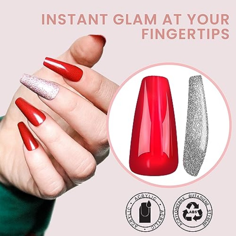 Allkem Daring Red Press on Nails | 글로시 미디엄 롱 발레리나 | 10가지 크기 - 접착제가 포함된 짧은 관 네일 키트 20개