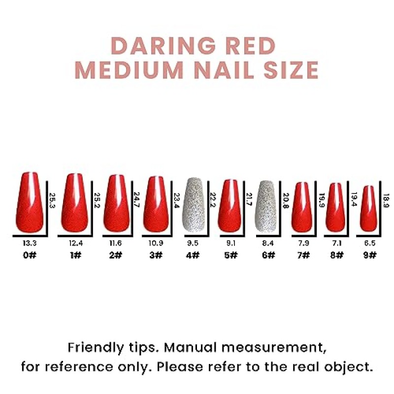 Allkem Daring Red Press on Nails | 글로시 미디엄 롱 발레리나 | 10가지 크기 - 접착제가 포함된 짧은 관 네일 키트 20개