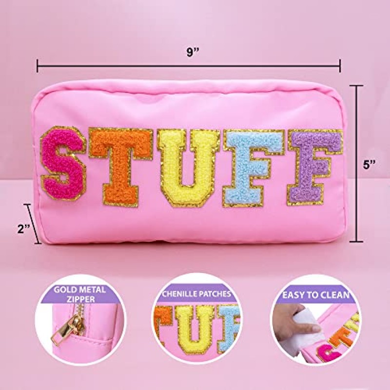 Fablinks Preppy Stuff Bag, Chenille 대표팀 편지 메이크업 파우치, 여성용 핑크 나일론 스킨 케어 지퍼 패치 가방 주최자, 여행 메이크업 스킨 케어 화장품 부활절 바구니 Stuffers
