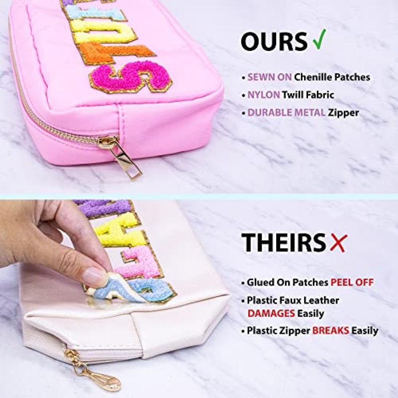 Fablinks Preppy Stuff Bag, Chenille 대표팀 편지 메이크업 파우치, 여성용 핑크 나일론 스킨 케어 지퍼 패치 가방 주최자, 여행 메이크업 스킨 케어 화장품 부활절 바구니 Stuffers