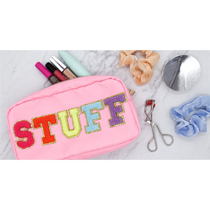 Fablinks Preppy Stuff Bag, Chenille 대표팀 편지 메이크업 파우치, 여성용 핑크 나일론 스킨 케어 지퍼 패치 가방 주최자, 여행 메이크업 스킨 케어 화장품 부활절 바구니 Stuffers