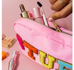 Fablinks Preppy Stuff Bag, Chenille 대표팀 편지 메이크업 파우치, 여성용 핑크 나일론 스킨 케어 지퍼 패치 가방 주최자, 여행 메이크업 스킨 케어 화장품 부활절 바구니 Stuffers