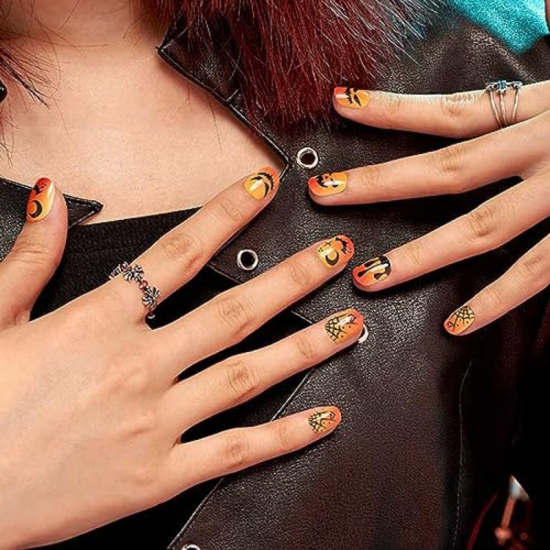 GLAMERMAID Press on Nails 할로윈용 엑스트라 쇼트, 잭 오 랜턴 디자인의 젤 네일에 호박색 고딕 접착제, 24Pcs Squoval Round 재사용 가능한 광택 가짜 손톱 아크릴 거짓 손톱 여성용 매니큐어 키트 선물