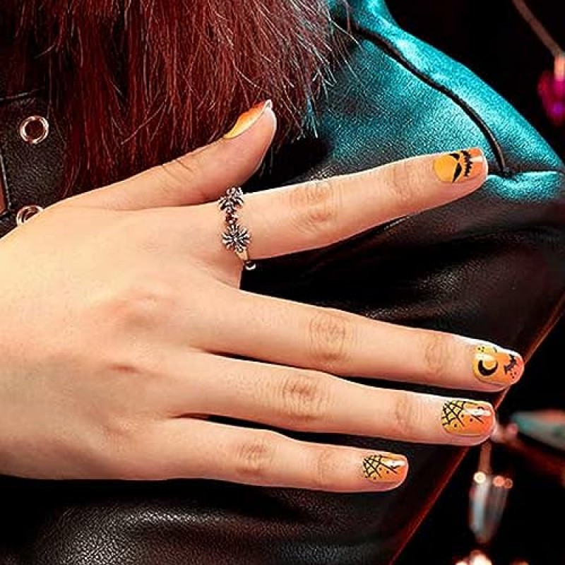 GLAMERMAID Press on Nails 할로윈용 엑스트라 쇼트, 잭 오 랜턴 디자인의 젤 네일에 호박색 고딕 접착제, 24Pcs Squoval Round 재사용 가능한 광택 가짜 손톱 아크릴 거짓 손톱 여성용 매니큐어 키트 선물