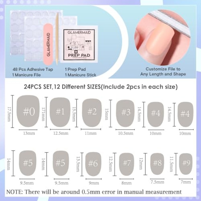 GLAMERMAID 손톱에 흰색 크롬 프레스 여분의 짧은 사각형, 손톱에 수제 쉘 젤 접착제, 수제 광택 웨딩 거짓 손톱 여성용 매니큐어 키트 선물, 아크릴 Squoval 라운드 재사용 가능한 광택 가짜 손톱
