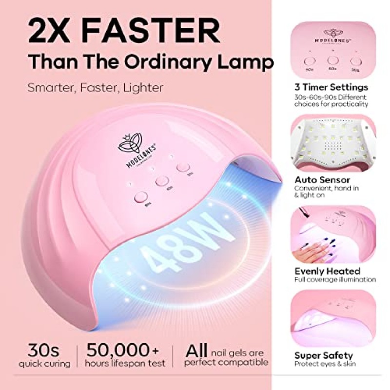 GNK Modelones 젤 네일 매니큐어 키트 48w U V Led 네일 램프 스타터 키트, 22 Pcs 누드 핑크 네일 젤 폴란드어 세트 닦음 없음베이스 및 탑 코트 본드 프라이머 Diy 홈 네일 경화