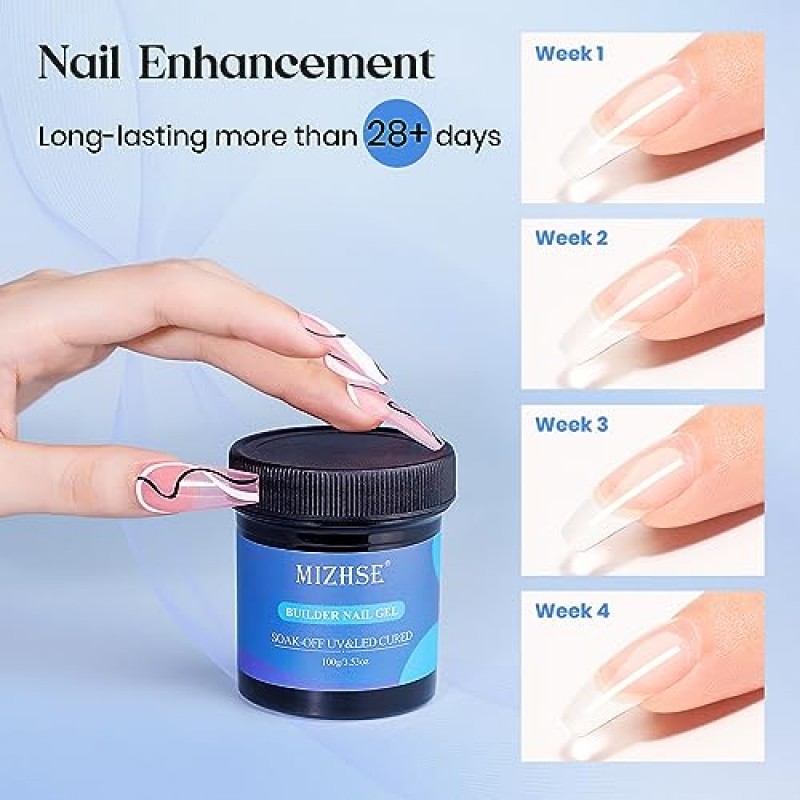 MIZHSE 100ML 네일 빌더 젤 키트, 네일용 대용량 빌더 젤, LED 네일 램프 클리어 하드 젤 빌더 베이스 네일 강화제 연장 젤(네일 브러쉬 클린 젤 포함), 네일 살롱 및 홈 DIY용