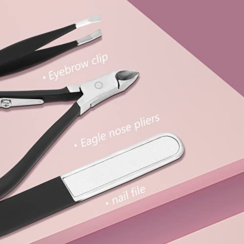네일 케어 자란 발톱 제거 키트, 18 PCS 페디큐어 도구 큐티클 니퍼 여성용 미끄럼 방지 디자인 핸들 클리퍼가 있는 샤프 트리머 핑크 PU 가죽 케이스 페디큐어 키트