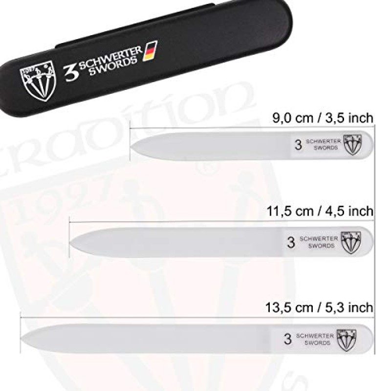 3 Swords 독일 - 브랜드 품질 유리 네일 파일 세트, 3개, 천연 가짜 젤 인공 아크릴 손톱에 적합, 포함. 검정색 플라스틱 케이스