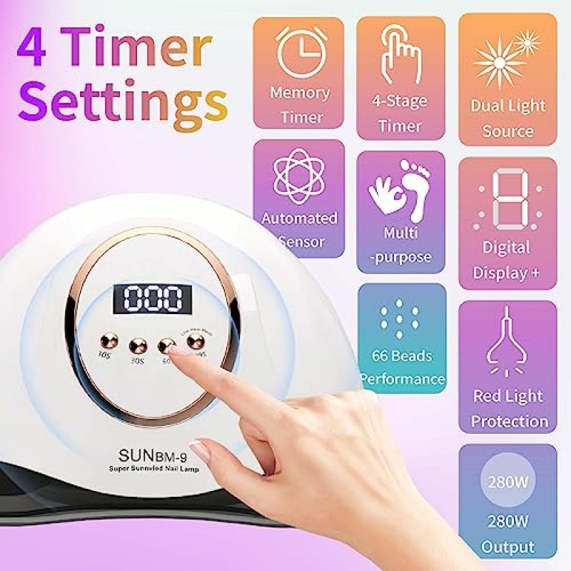 순 글로벌 UV LED 네일 램프, 280W UV 조명, 자동 센서가 장착된 전문가용 네일 건조기, 타이머 4개와 LCD 디스플레이가 장착된 매니큐어 경화 램프