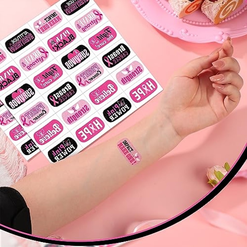 Landhoow 240 Pcs 유방암 인식 얼굴 문신 대량 핑크 리본 임시 문신 반짝이 눈 바디 문신 스티커 및 유방암 인식 파티 공급을 위한 데칼
