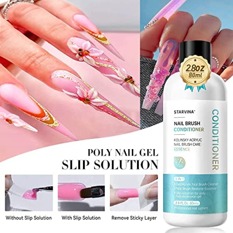 STARVINA 아크릴 네일 브러쉬 클리너 및 복원제 - 퀵 클린 젤 네일 브러쉬 아크릴 브러쉬 클리너, 솔리드 젤 매니큐어 네일 아트 라이너용 Kolinsky 아크릴 네일 브러쉬 폴리젤 슬립 솔루션 80ML