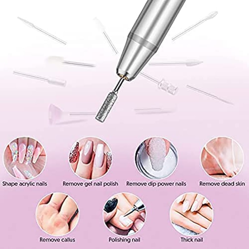 HALMAI 전기 네일 드릴 머신 아크릴 젤 네일, 매니큐어 페디큐어 도구(실버)용 휴대용 전기 네일 파일 Efile