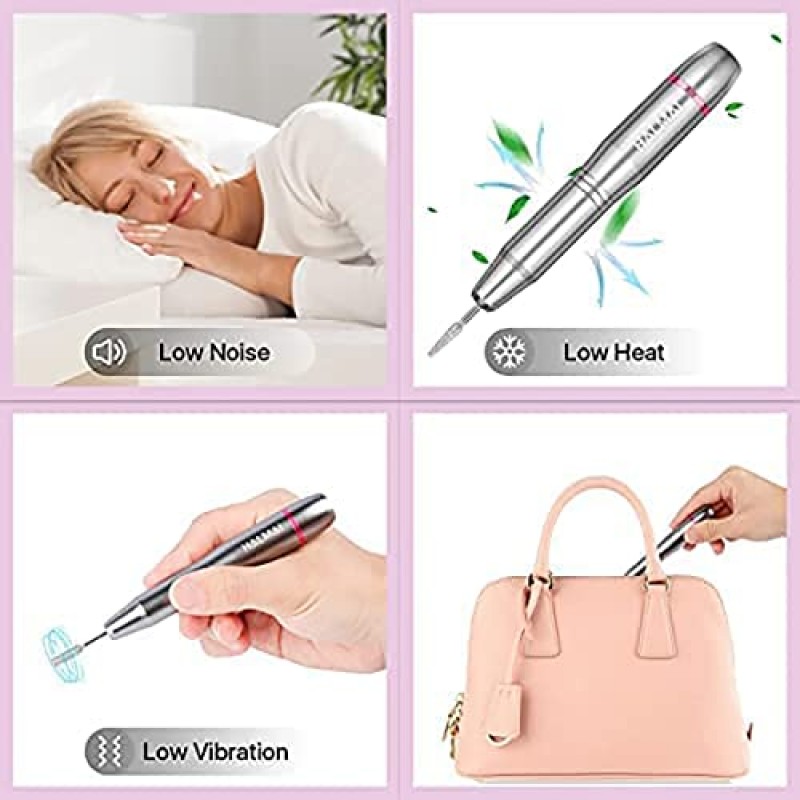 HALMAI 전기 네일 드릴 머신 아크릴 젤 네일, 매니큐어 페디큐어 도구(실버)용 휴대용 전기 네일 파일 Efile