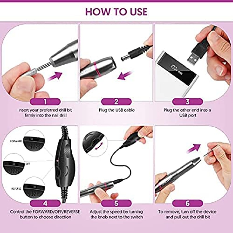 HALMAI 전기 네일 드릴 머신 아크릴 젤 네일, 매니큐어 페디큐어 도구(실버)용 휴대용 전기 네일 파일 Efile