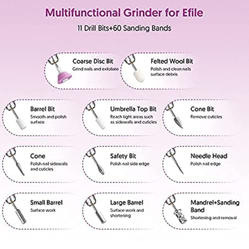HALMAI 전기 네일 드릴 머신 아크릴 젤 네일, 매니큐어 페디큐어 도구(실버)용 휴대용 전기 네일 파일 Efile