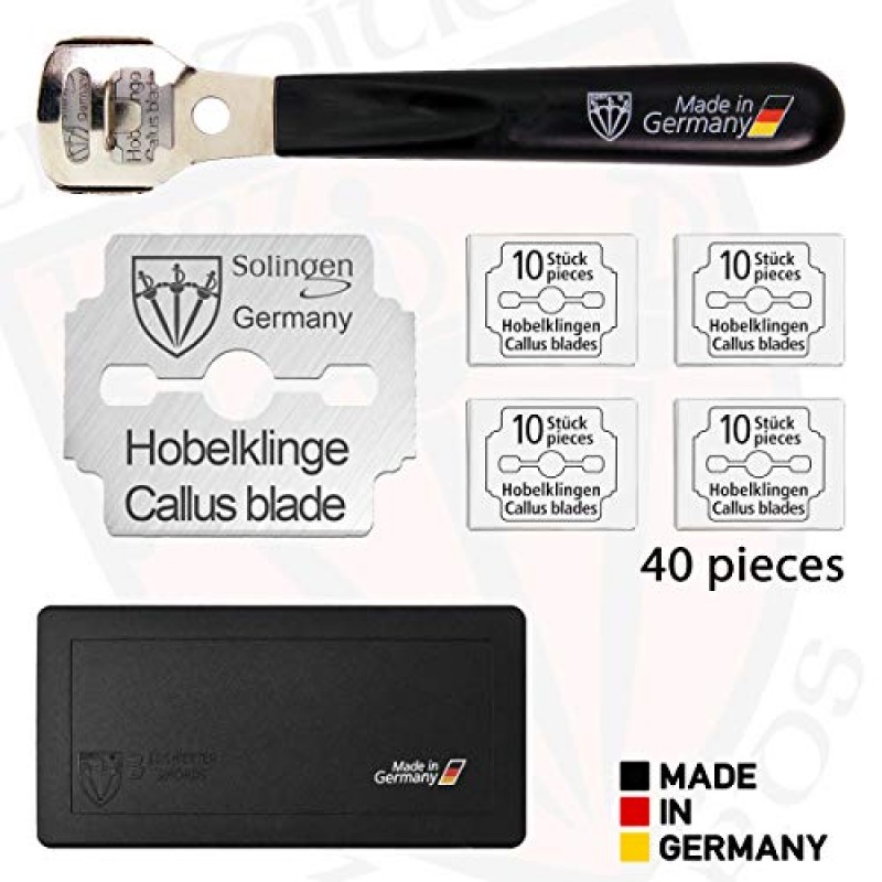 독일 칼 3개 - 굳은살 제거제 면도기 커터 제거기 면도기, 40개의 매우 날카로운 리필 블레이드 포함 - 독일 솔링겐산