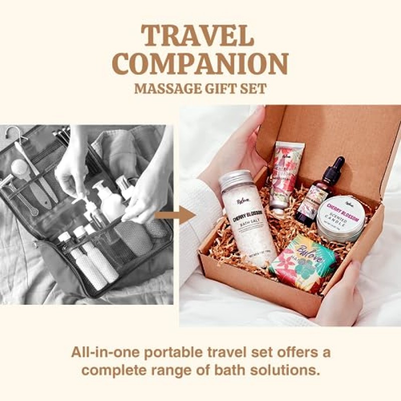 여성용 스파 선물, 목욕 선물 세트, 셀프 케어 키트, 마사지 오일이 포함된 벚꽃 생일 선물 5개, 향초, 목욕 소금, 핸드 크림, 비누, 선물 바구니