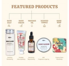 여성용 스파 선물, 목욕 선물 세트, 셀프 케어 키트, 마사지 오일이 포함된 벚꽃 생일 선물 5개, 향초, 목욕 소금, 핸드 크림, 비누, 선물 바구니