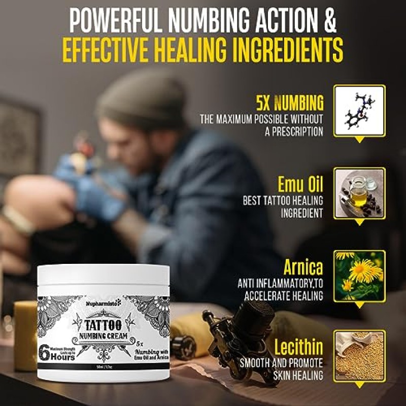 Nupharmisto 문신 마비 크림(50ml/1.7floz), 6시간 최대 강도 무통 문신 마비 크림, 5x 마비, 에뮤 오일 및 아르니카.50ml