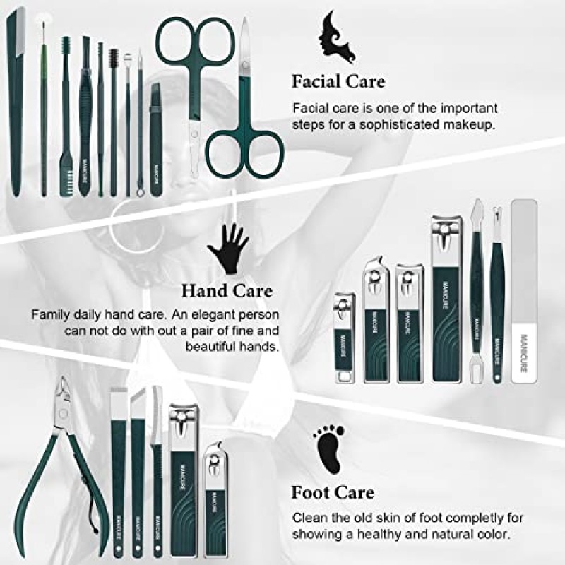 매니큐어 세트 손톱깎이 키트 22개 전문 페디큐어 세트 날카롭고 내구성이 뛰어난 스테인레스 스틸 네일 케어 도구 남성용 여성용 고급스러운 여행용 케이스 포함(짙은 녹색)