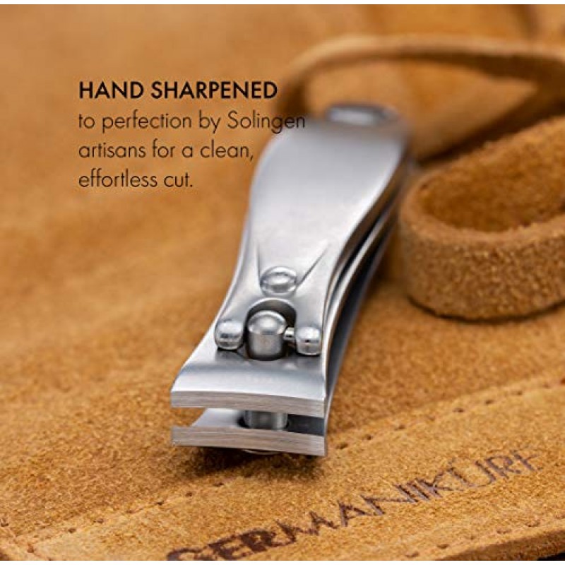 GERMANIKURE 손톱깎이, 유리 네일 파일 및 큐티클 리무버 매니큐어 세트(보라색 가죽 케이스) - FINOX 스테인레스 스틸, 유리 네일 관리 용품 체코산 독일 솔링겐산