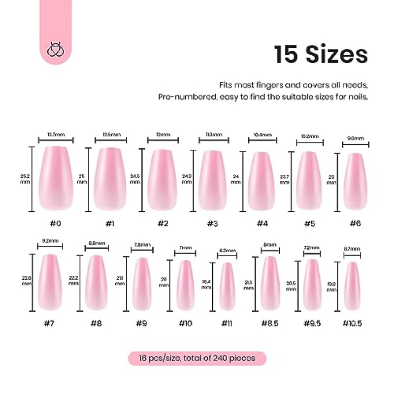 딱정벌레 젤 폴리쉬 240 Pcs 컬러 네일 팁 쉬운 네일 확장을 위한 소프트 젤 풀 커버 네일 팁 15 사이즈 미디엄 코핀 아크릴 네일 디자인 뉴트럴 핑크 가짜 프레스 손톱에 올 시즌 선물