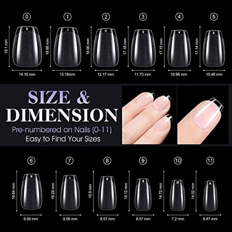 Gelike EC 엑스트라 쇼트 소프트 젤 네일 팁 키트, 손톱 연장, 풀 커버, 관 모양, 프리 버프 PMMA 수지, 투명 초박형 디자인, 12개 크기, 240개, 추가 짧은 관
