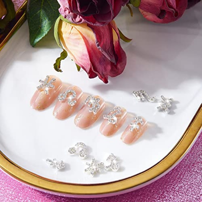 48 Pcs 조디악 네일 매력 조디악 로그인 손톱 용 매력 3D 라인 석 쥬얼리 네일 아트 네일 참 DIY 별자리 보석 만들기 네일 목걸이 팔찌 귀걸이 공예 용품 (골드, 실버)