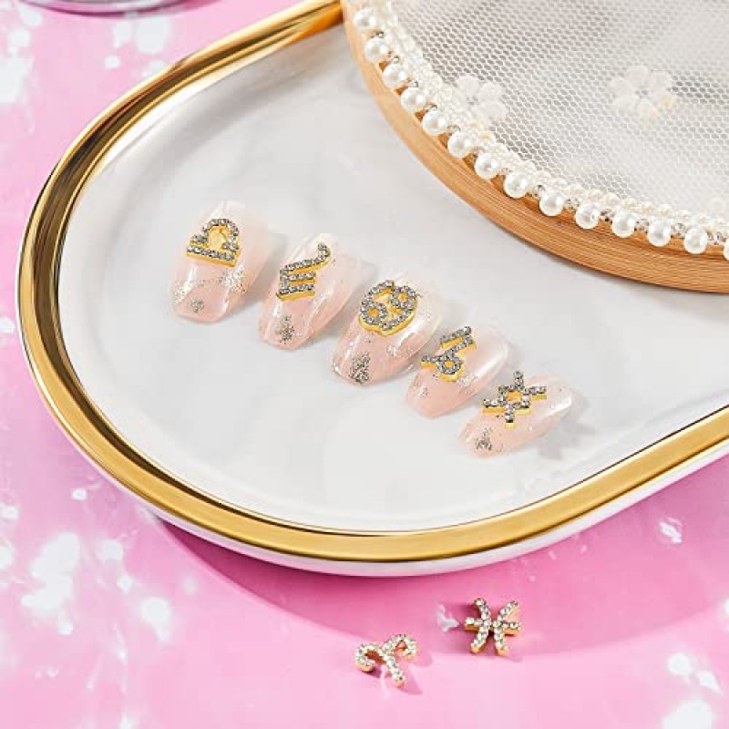 48 Pcs 조디악 네일 매력 조디악 로그인 손톱 용 매력 3D 라인 석 쥬얼리 네일 아트 네일 참 DIY 별자리 보석 만들기 네일 목걸이 팔찌 귀걸이 공예 용품 (골드, 실버)