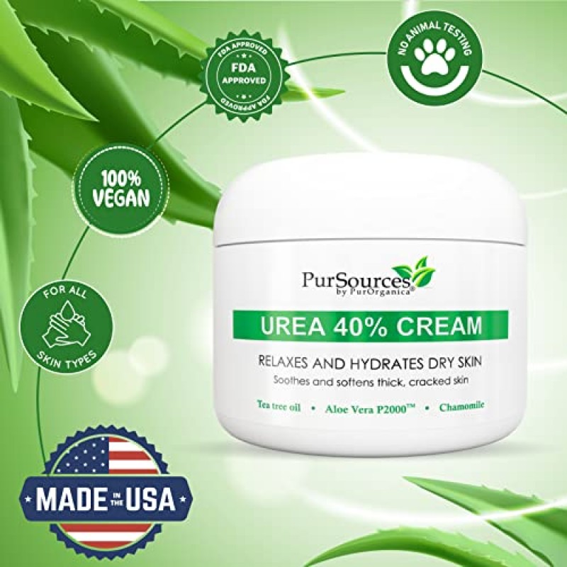 PurOrganica Urea 40% 풋 크림 - Made in USA - 옥수수, 굳은 살 및 각질 제거제 - 모이스처라이저 및 수분 공급제 - 두껍고, 갈라지고, 거칠고, 죽은 피부와 건조한 피부용