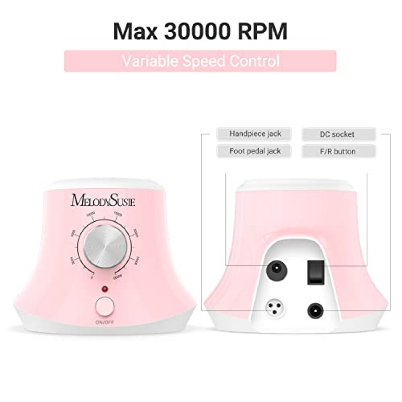 MelodySusie 30000 RPM 전문 네일 드릴 스칼렛, 고속, 저열, 저소음, 저진동, 성형, 버핑, 아크릴 네일 제거, 젤 네일, 핑크용 휴대용 전기 Efile 드릴
