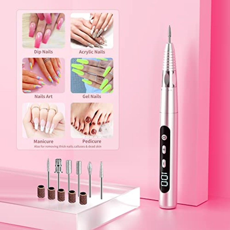 TIHONI Professional 30000RPM 무선 전기 아크릴 네일 드릴 젤 손톱용 충전식 휴대용 E 파일 기계 초보자 및 미용실용 6비트 폴란드어 매니큐어 페디큐어 조각(실버)