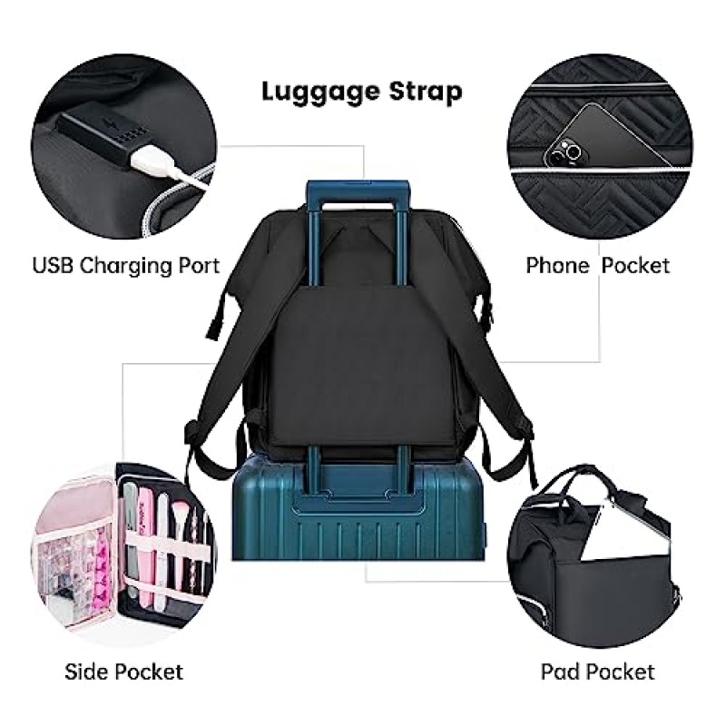 Leudes 매니큐어 정리함 홀더 77병 네일 기술 용품용 매니큐어 보관함 네일 가방 정리함 케이스 USB 충전 포트가 있는 여행용 배낭 15.6인치 노트북에 적합