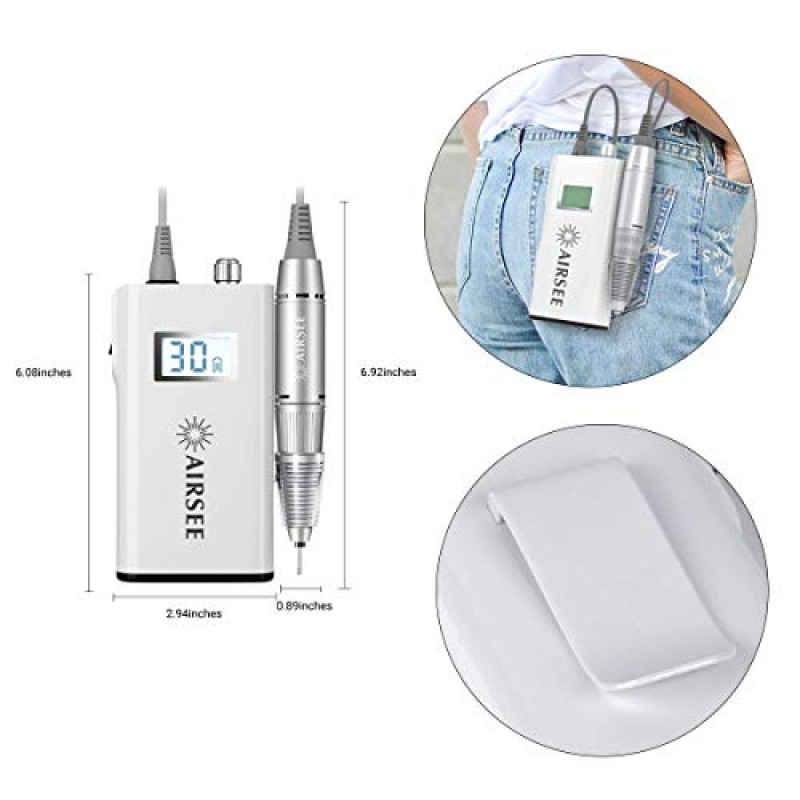 AIRSEE 충전식 30000RPM 전기 네일 드릴 아크릴 손톱을 위한 전문 휴대용 E 파일 기계 자연 확장 젤 네일 폴란드어 큐티클, 살롱 사용 또는 홈 DIY를 위한 무선 고속 흰색