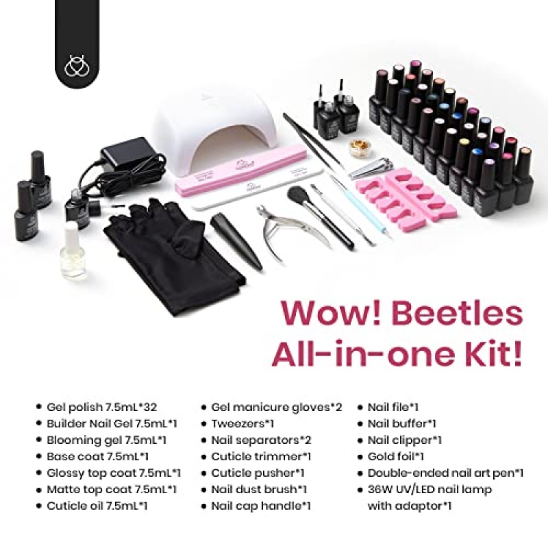 딱정벌레 젤 매니큐어 키트 36W UV LED 조명, 32가지 색상 글리터 젤 폴란드어 세트 베이스 젤 탑 코트 빌더 네일 젤 블루밍 젤 온도 색상 변경 젤 네일 키트 매니큐어 DIY 홈