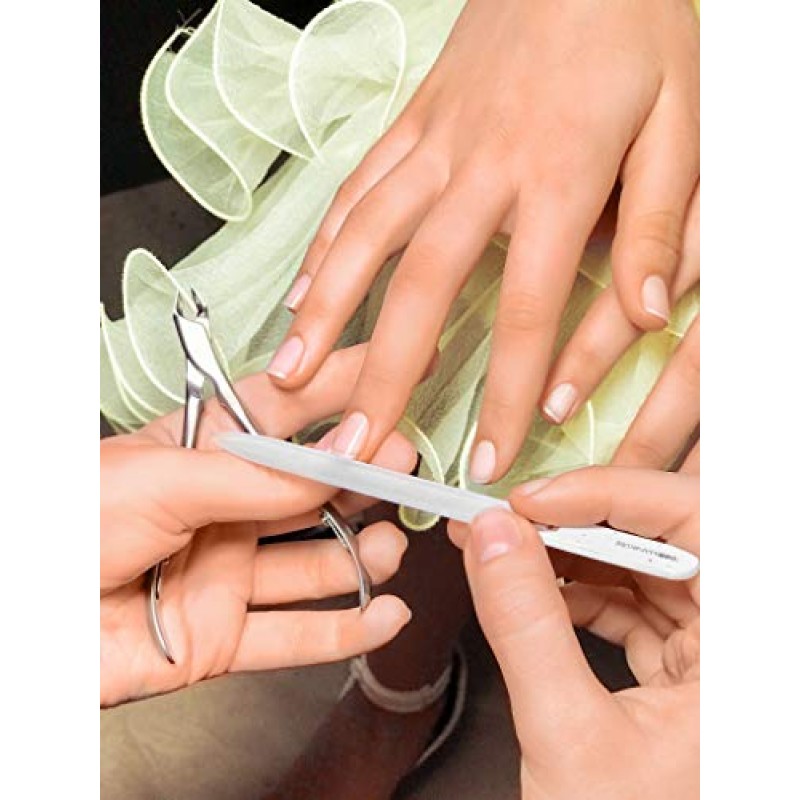 GERMANIKURE 4피스 매니큐어 세트(보라색 스웨이드 케이스) - 독일산 FINOX 스테인리스 스틸 도구, 체코산 유리 네일 케어 용품 – 전문 큐티클 및 네일 케어 키트