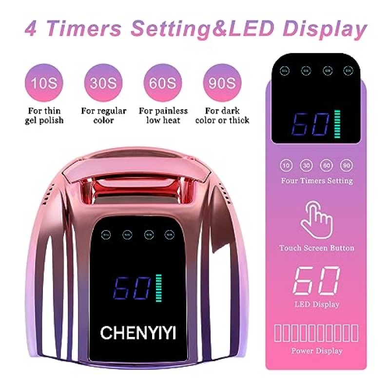 CHENYIYI 96W 충전식 UV LED 네일 램프, LCD 디스플레이 자동 센서가 장착된 손톱용 휴대용 무선 자외선, 살롱용 젤 폴리쉬 광 경화 램프용 전문 네일 건조기(보라색)