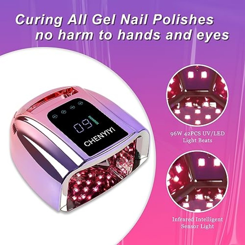CHENYIYI 96W 충전식 UV LED 네일 램프, LCD 디스플레이 자동 센서가 장착된 손톱용 휴대용 무선 자외선, 살롱용 젤 폴리쉬 광 경화 램프용 전문 네일 건조기(보라색)