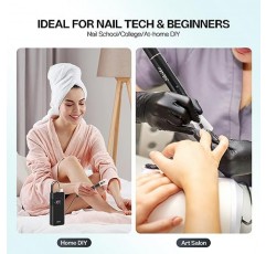 Belle 전기 네일 드릴, 35000RPM 전문 무선 네일 드릴 머신(6개 네일 드릴 비트 및 샌딩 밴드 포함), 아크릴 젤 네일용 충전식 휴대용 Efile, 매니큐어 페디큐어, 블랙