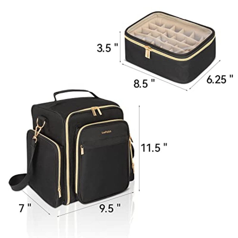 매니큐어 정리함, 48병(15ml - 0.5 fl.oz) 수용 및 LED 램프 칸, 고급 매니큐어 보관 케이스(탈착식 파우치 2개 포함), 도구 및 액세서리용 지퍼가 달린 네일 케어 포켓 5개