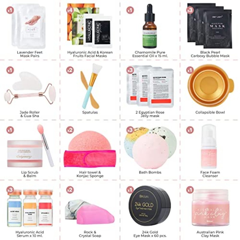 AVUX 뷰티 케어 번들 31개 – 목욕 및 바디 세트에는 젤리 마스크, 옥 롤러, 구아샤, 입욕제, 그릇, 수건, 주걱 등이 포함됩니다. – 소녀와 여성을 위한 생일 및 결혼식에 스파 세트 선물