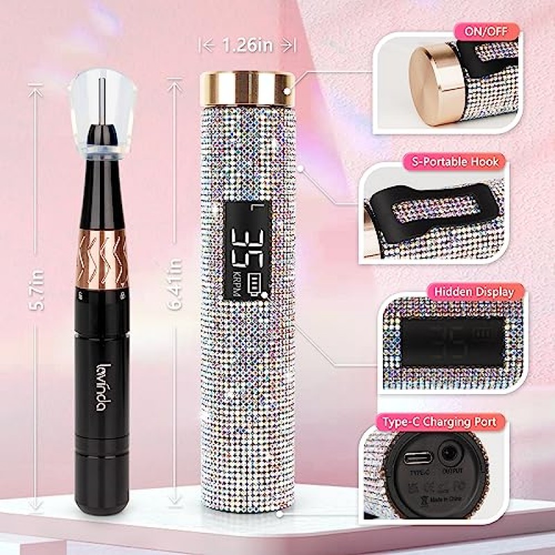 전기 휴대용 네일 드릴, Lavinda 35000RPM 아크릴 젤 네일용 전문 네일 드릴 머신, 살롱 가정용 무선 충전식 E 파일 매니큐어/페디큐어/연마 도구