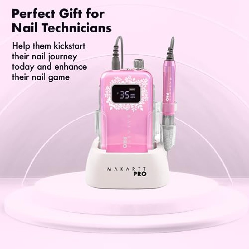 MakarttPro FlawlessPro 35000 RPM 전문 네일 기술자를 위한 조용한 충전식 휴대용 전자 파일 네일 드릴 유니콘 핑크