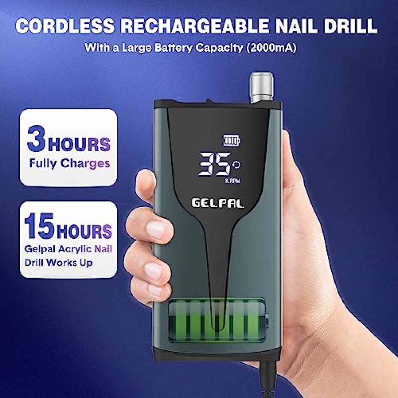 Gelpal 충전식 네일 드릴 - 브러시리스 모터 - 아크릴 네일용 전기 네일 드릴 전문가용,35000RPM 전기 네일 파일,홈 살롱용 무선 네일 드릴, 저소음, 저발열, 블루 그레이