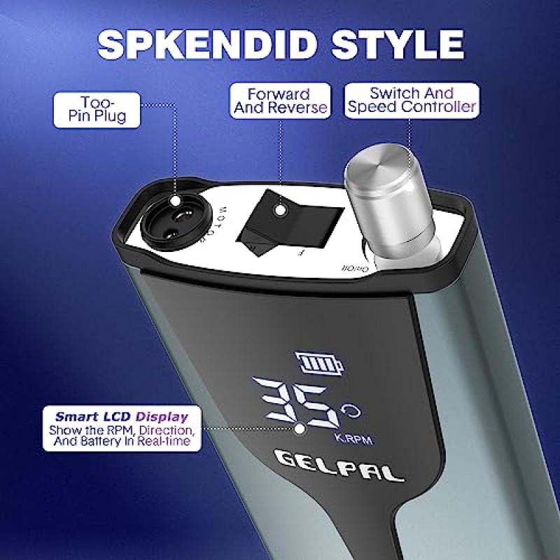 Gelpal 충전식 네일 드릴 - 브러시리스 모터 - 아크릴 네일용 전기 네일 드릴 전문가용,35000RPM 전기 네일 파일,홈 살롱용 무선 네일 드릴, 저소음, 저발열, 블루 그레이